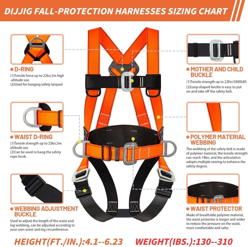 DIJJIG Safety Harness Fall Protection Kit Full Body Roofing Harnesses With Internal Shock Absorbing Lanyard, Orange Safety Harness For Construction OSHA/ANSI Compliant - Image 4